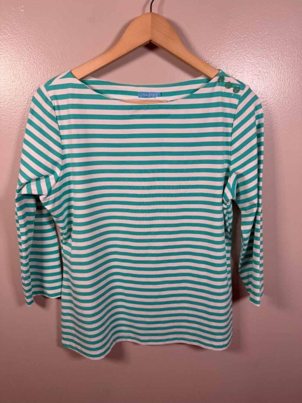 J. Mclaughlin Catalina Cloth Top Size Large Green Striped Buttons Stretch Travel